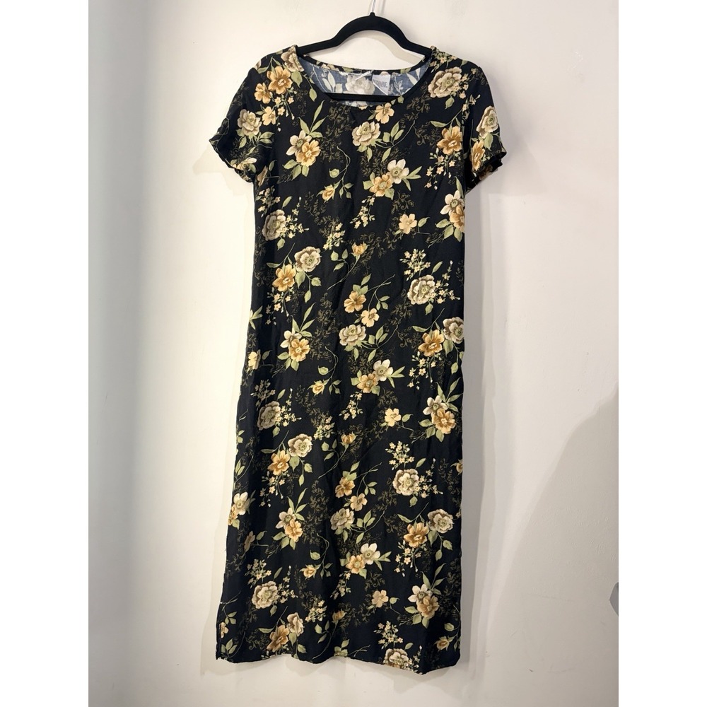 Vintage Studio Ease Floral Rayon Midi Dress Black Beige Cottagecore Petite 10P‎